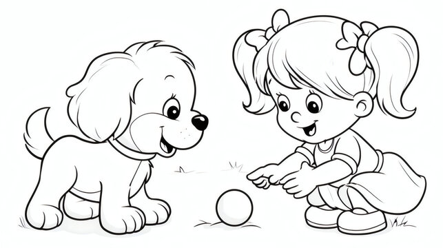 Cute cartoon girl with pigtails playing with a puppy and a ball. Fun black and white coloring page for kids, friendship and outdoor activity concept.