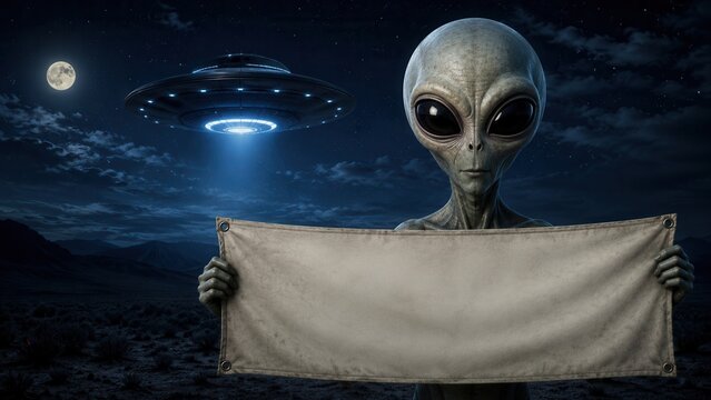 Alien holding blank banner with flying UFO under starry night sky for science fiction message template