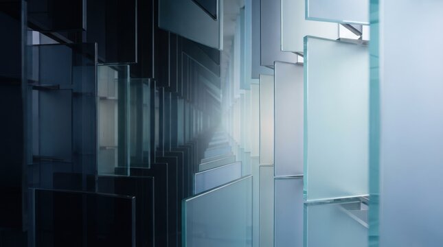 Futuristic Abstract Translucent Glass Panels Geometric Tunnel Perspective View