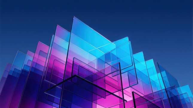Dynamic layered glass panels glowing with vibrant purple and blue hues.