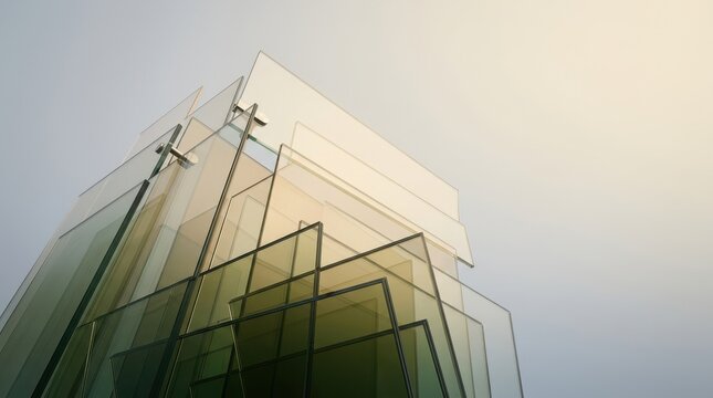 Modern Translucent Glass Panels Layered in Dynamic Architectural Structure under Sky.