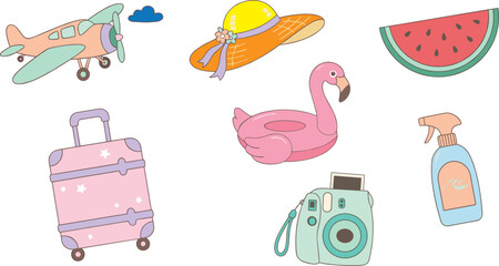 Fototapeta premium Cute Hand Drawn Travel and Summer Vacation Vector Element Set with Suitcase Airplane Flamingo Float Camera Sun Hat and Watermelon Illustrations