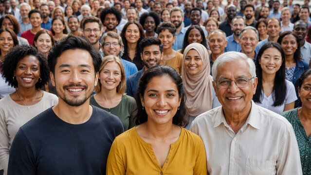 Diverse multicultural people smiling together in large community group celebrating inclusion unity and global diversity