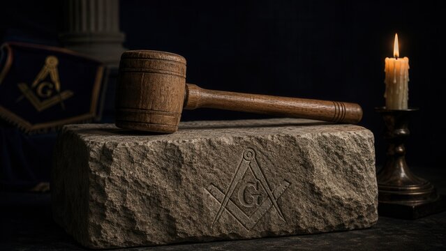Wooden gavel resting on Masonic cornerstone with square and compass symbol in ceremonial lodge interior scene