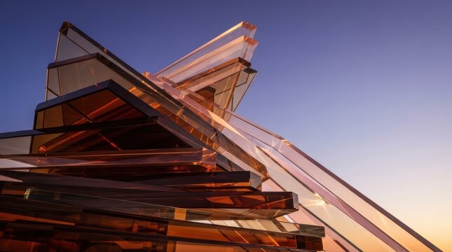 Abstract Modern Sculpture of Translucent Glass Slabs Under Evening Sky