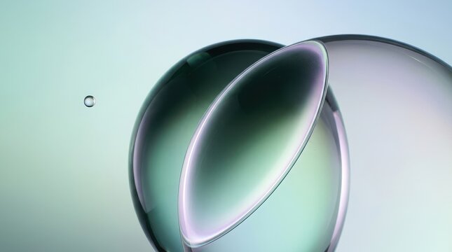 Iridescent Translucent Glass Spheres Overlapping on Gradient Background with Droplet