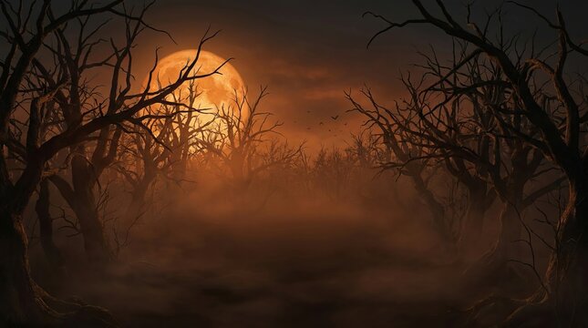 Large orange moon rises behind silhouette of gnarled dead trees in foggy graveyard setting ideal for halloween backgrounds and supernatural horror posters with dramatic glow.