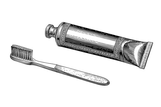 A black-and-white engraved line art toothbrush and vintage toothpaste tube isolated on transparent background png cutout