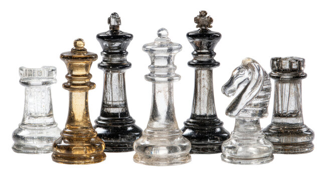 Classic glass chess pieces including king queen rook bishop knight and pawn for strategy games and elegant board game design isolated on white background