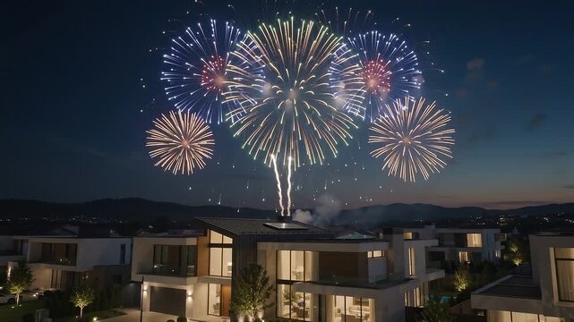 Colorful fireworks light up the night sky over modern luxury homes in a residential neighborhood.
