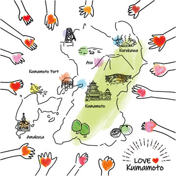 熊本県にハート（愛）を捧げる人々の手