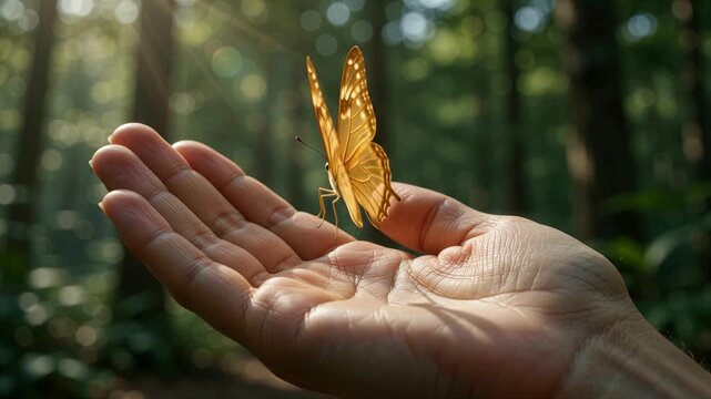 Butterfly hand golden forest magic release nature freedom glowing delicate creature lifts from an open palm amid sparkling sunlight for hope transformation spirituality and conservation themes