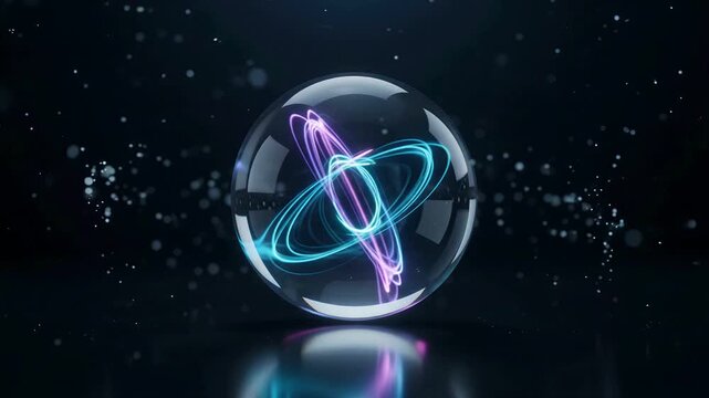 Neon atom sphere quantum physics science particle energy glowing orbit rotates as colorful electron trails circle inside glass for research technology education and futuristic discovery concepts