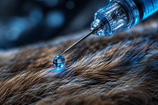 Close-up of a veterinary syringe prepared for administering medication to an animal, representing veterinary medicine and animal healthcare