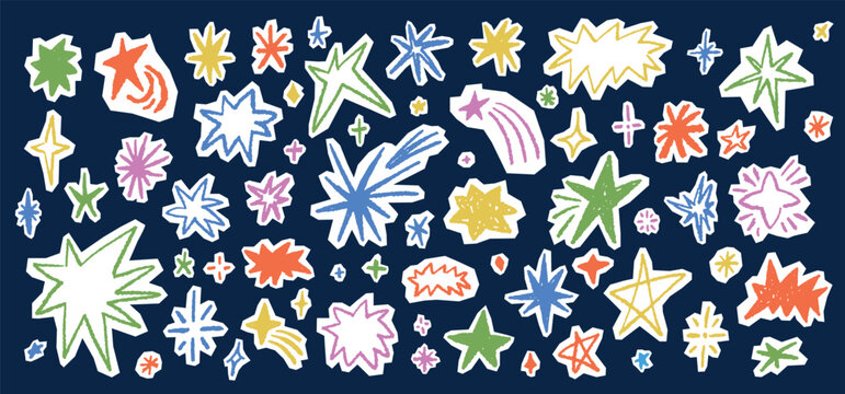 Hand drawn scrapbook star doodles with crayon texture on torn beige paper. Color twinkle sticker collage elements for journal, notebook, social media banner, craft poster vector illustration