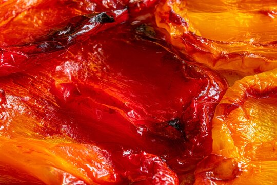 Dried slices of red and yellow bell peppers on a flat surface during daylight