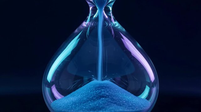 Hourglass sand time deadline countdown urgency productivity management blue neon glass drains steadily against darkness for planning pressure patience mortality and business schedule concepts