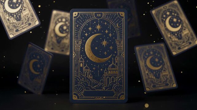 Tarot moon cards astrology divination mysticism celestial occult fortune floating deck moves through darkness toward a crescent symbol for psychic readings prediction ritual and destiny campaigns