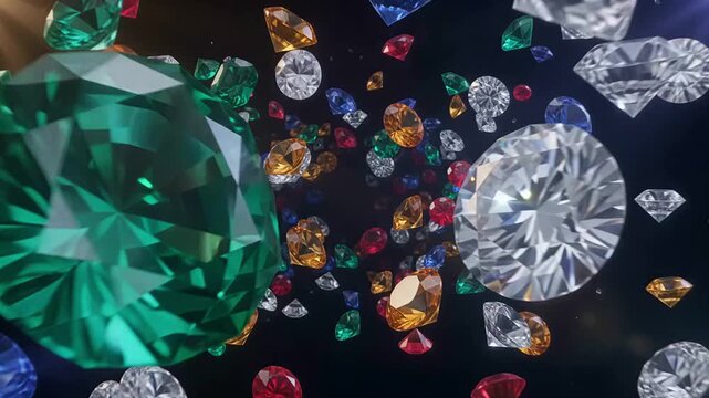 gemstones diamonds emeralds rubies sapphires jewelry luxury sparkle wealth treasure float and rotate across a dark elegant background creating glamour for fashion branding and celebration campaigns
