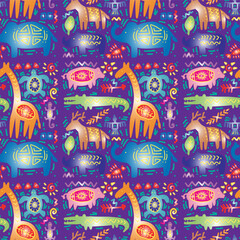 Naklejka premium Tribal animal pattern on purple background