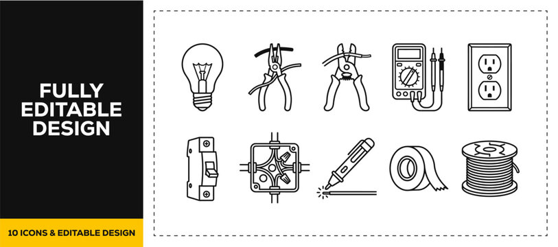 flat vector illustration line art icon bundle set design showcasing electrical maintenance tools multimeters and light bulbs for professional electrician service apps