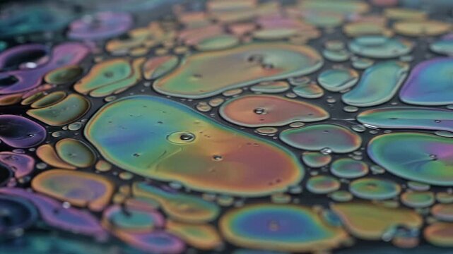 iridescent liquid bubbles oil macro colorful fluid texture abstract rainbow Cellular pools ripple across a dark surface creating psychedelic chemistry patterns for beauty science design and branding