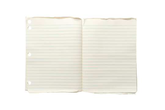 Open spread of aged lined notebook paper pages