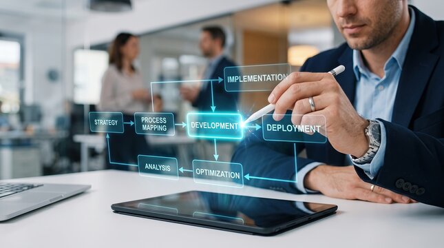 A businessman holding stylus interacting with holographic workflow chart showing strategy, process mapping, development, implementation,  deployment, optimization and analysis interface
