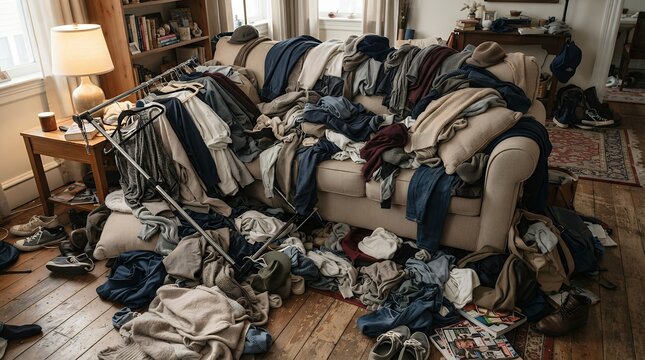 Messy living room with piles of laundry on sofa, cluttered home interior with scattered clothes, disorganized domestic space