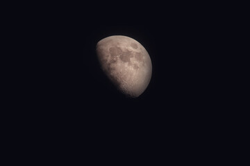 The first quarter of the Moon, with half of its surface illuminated. Craters and dark areas resembling lunar maria are visible on the illuminated half. © Pavel