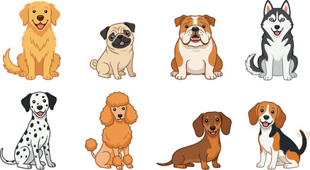 Fototapeta premium Dog Breed Icon Set with Golden Retriever, Pug, Bulldog, Husky, Dalmatian, Poodle, Dachshund, and Beagle Sitting Cartoon Designs