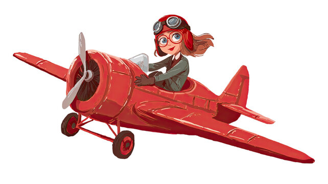 Cartoon girl aviator flying a vintage red airplane, whimsical pilot character illustration isolated on white background