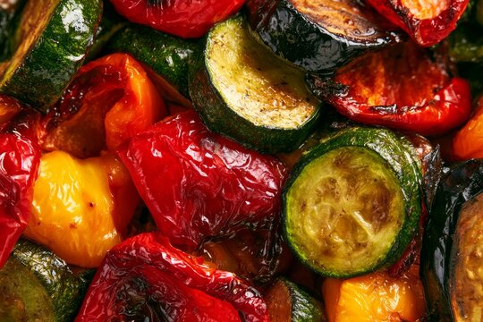 Colorful mix of roasted vegetables close up on a plate