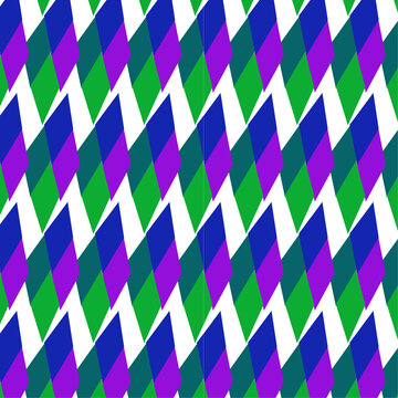 Create a seamless repeating geometric pattern using elongated angular diamond and parallelogram shapes. Use a clean white background with deep royal blue, bright 