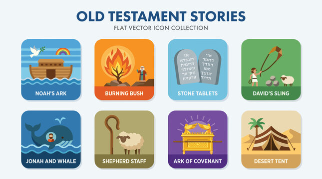 Old Testament stories icon pack featuring colorful flat vector rounded squares, Noah's ark, burning bush, stone tablets, David's sling, Jonah and whale, and ark of covenant