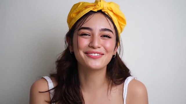 Woman in yellow beret laughing with closed eyes.