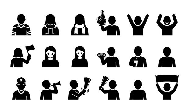 Sports Fan Icons Set: Cheering Crowd, Game Day People, Supporters, Celebration Vector Graphics