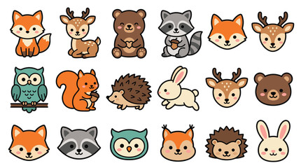 Obraz premium Woodland Forest Animal Icon Set with Fox, Bear, Owl, and Rabbit Face and Body Characters for Children's Nursery Design