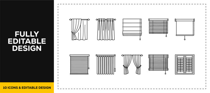 flat vector illustration line art icon bundle set design highlighting curtains drapes and window blind styles for interior home decoration and furniture store apps