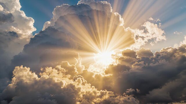 Golden sunbeams breaking through dramatic cumulus clouds. Panning and tilting camera movement.