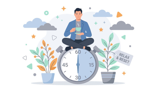 Professional relaxing with coffee and plants near giant clock for mindful