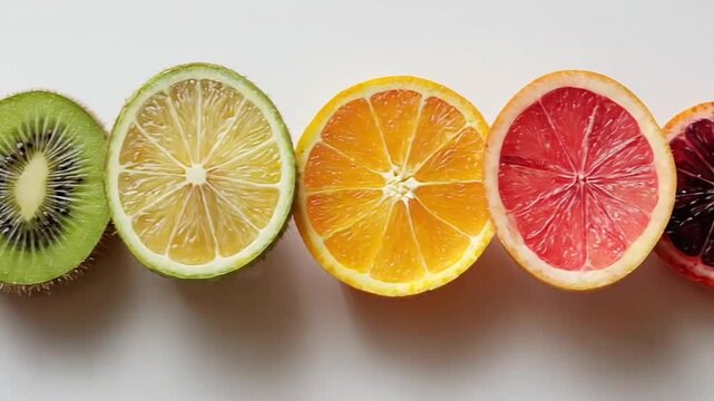 Row of sliced citrus fruits and kiwi fruit slices.