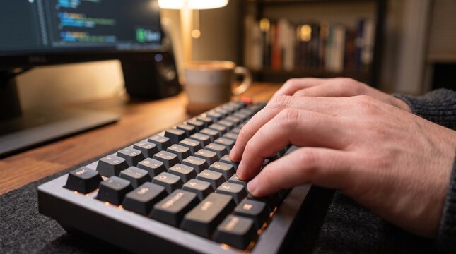 Fingertips Typing on Sleek Mechanical Keyboard