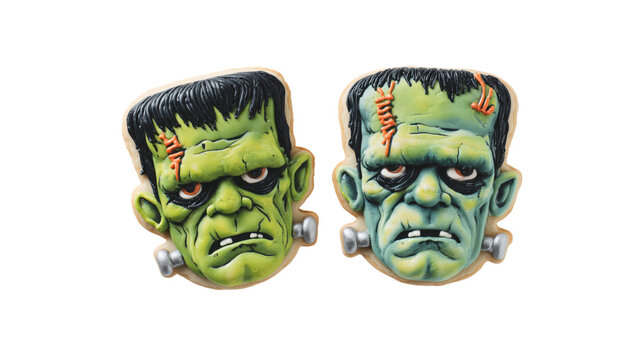 Scary Frankenstein face cookies green and blueish