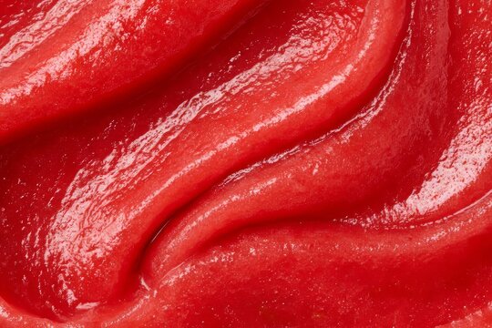 Bright red fruit puree sits in a smooth and swirled pattern on a surface in a kitchen