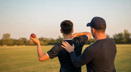 Fototapeta premium Cricket Coach Teaching Young Player Bowling Technique Outdoors