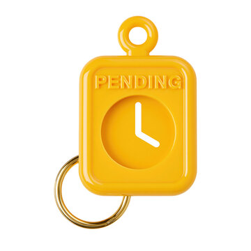 Yellow square pending timer icon with clock face and keychain loop isolated on transparent background png cutout