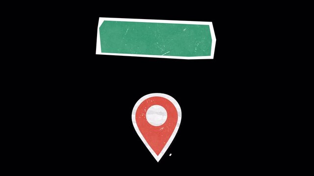 Minimalist map pin and road sign graphic animation on black background.