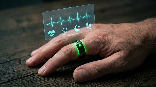 Futuristic smart ring on hand with holographic health interface. Wearable biometric tracker displaying heart rate and sleep data.