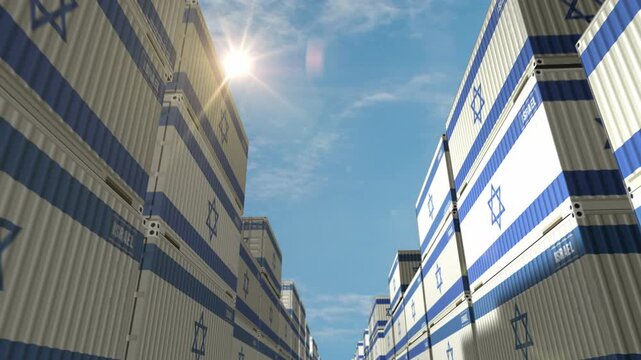 Israel export import and production cargo containers in row seamless and loopable business concept. Israeli flag industrial shipping box 3d loop.